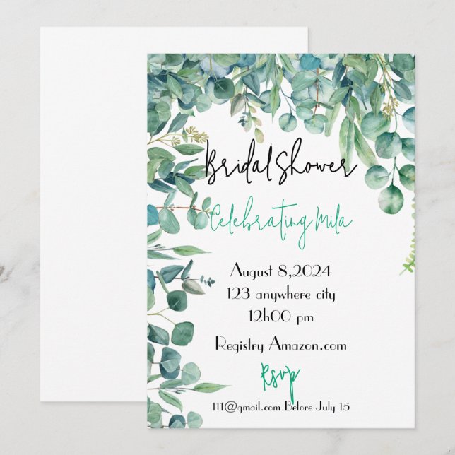 eucalyptus bridal shower invitation card (Front/Back)