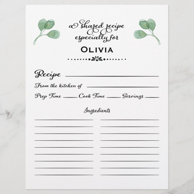 Eucalyptus Bridal Shower Recipe Card Custom Letterhead (Front)