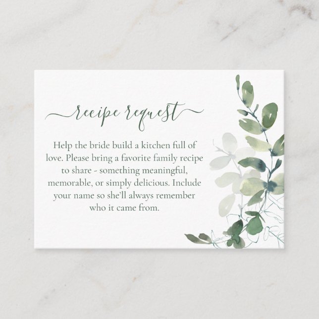 Eucalyptus Bridal Shower Recipe Request  Enclosure Card (Front)