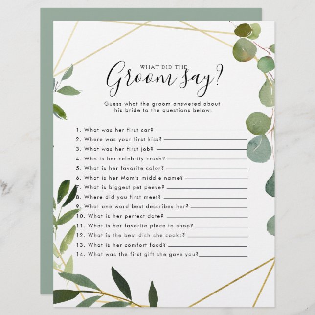 Eucalyptus Bridal Shower What did the Groom Say (Front/Back)