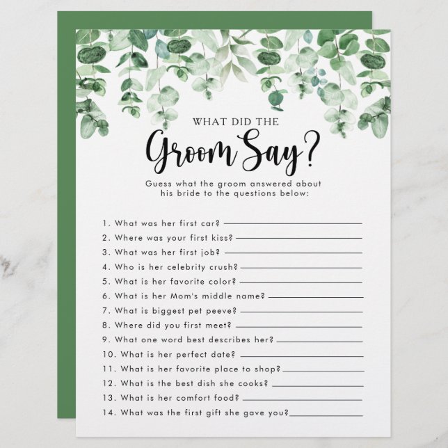 Eucalyptus Bridal Shower What did the Groom Say (Front/Back)