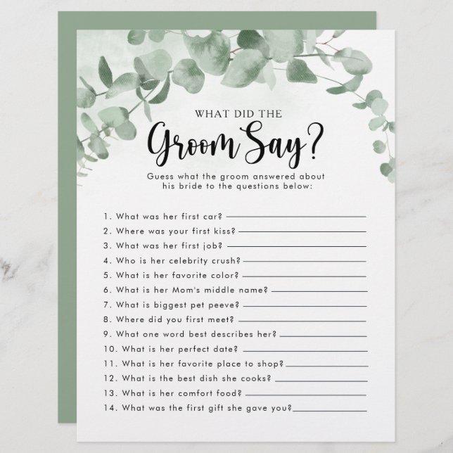 Eucalyptus Bridal Shower What did the Groom Say (Front/Back)