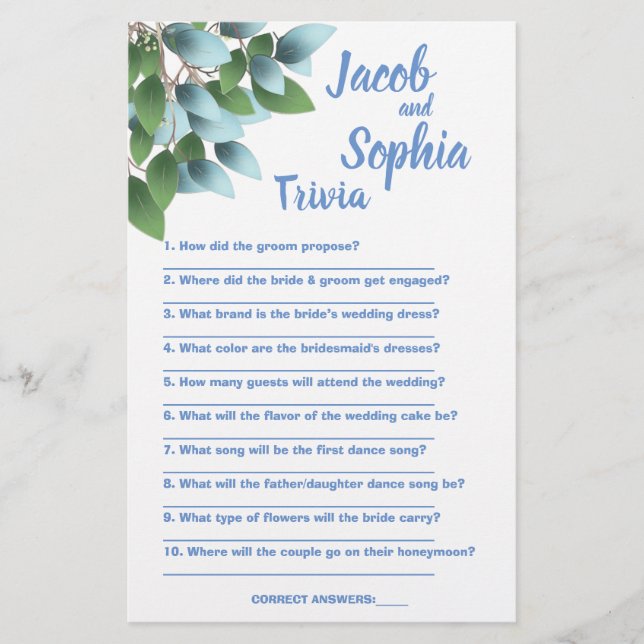 EUCALYPTUS BRIDE & GROOM TRIVIA SHOWER GAME CARD (Front)