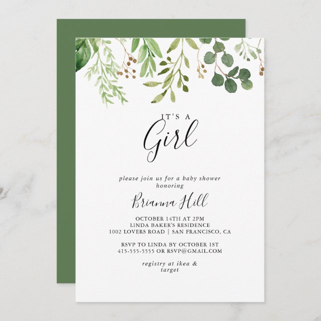 Eucalyptus Brown Floral It's A Girl Baby Shower Invitation (Front/Back)