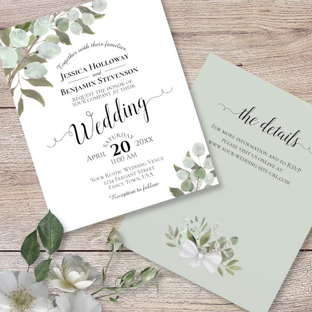 Eucalyptus BUDGET Wedding Invitation with Details (Front and Back)