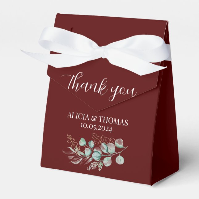 Eucalyptus Burgundy Botanical Initials Wedding  Favour Box (Front Side)