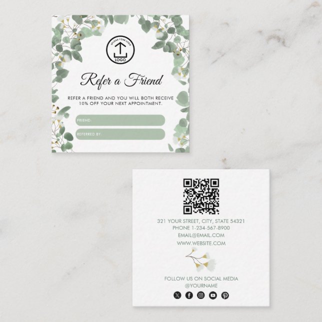Eucalyptus Business Logo Refer A Friend Referral Square Business Card (Front/Back)