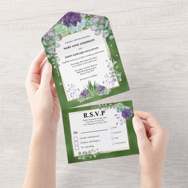 Eucalyptus cactus emerald purple shimmer wedding all in one invitation (Tearaway)