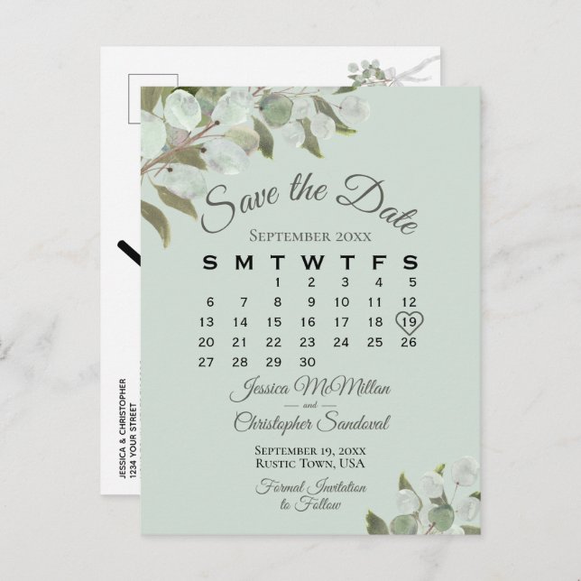 Eucalyptus Calendar Mint Wedding Save the Date Announcement Postcard (Front/Back)