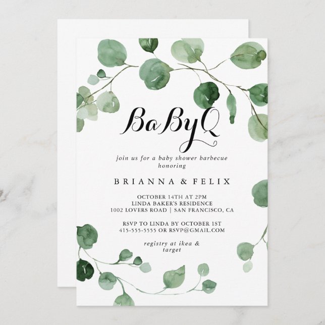 Eucalyptus Calligraphy BabyQ Baby Shower Barbecue  Invitation (Front/Back)