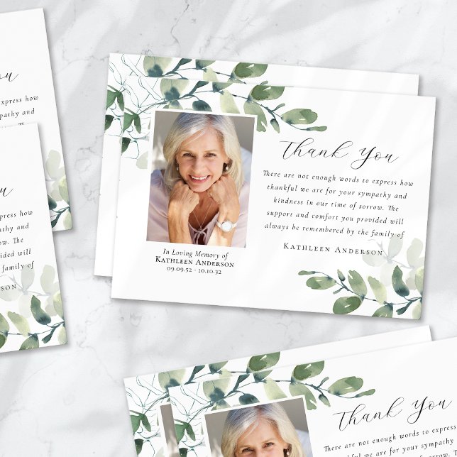 Eucalyptus Calligraphy Photo Funeral Memorial Thank You Card (Creator Uploaded)