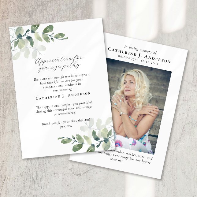 Eucalyptus Calligraphy Photo Sympathy Funeral Thank You Card (Creator Uploaded)