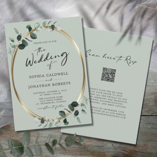 Eucalyptus Calligraphy QR Code RSVP Sage Wedding Invitation (Creator Uploaded)