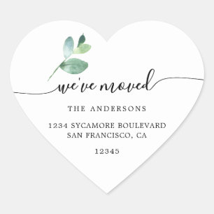 Eucalyptus Calligraphy We’ve Moved New Address Heart Sticker