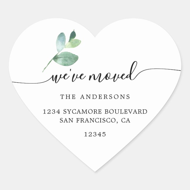 Eucalyptus Calligraphy We’ve Moved New Address Heart Sticker (Front)