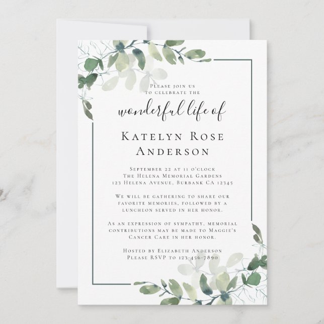 Eucalyptus Celebration of Life Memorial Invitation (Front)