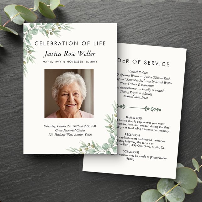Eucalyptus Celebration of Life Photo Program (Order of Service card from the Eucalyptus Celebration of Life collection by Darling & May)
