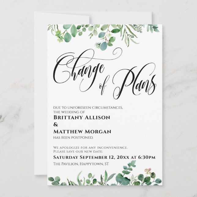 Eucalyptus Change of Plans Postponed Wedding Invitation (Front)