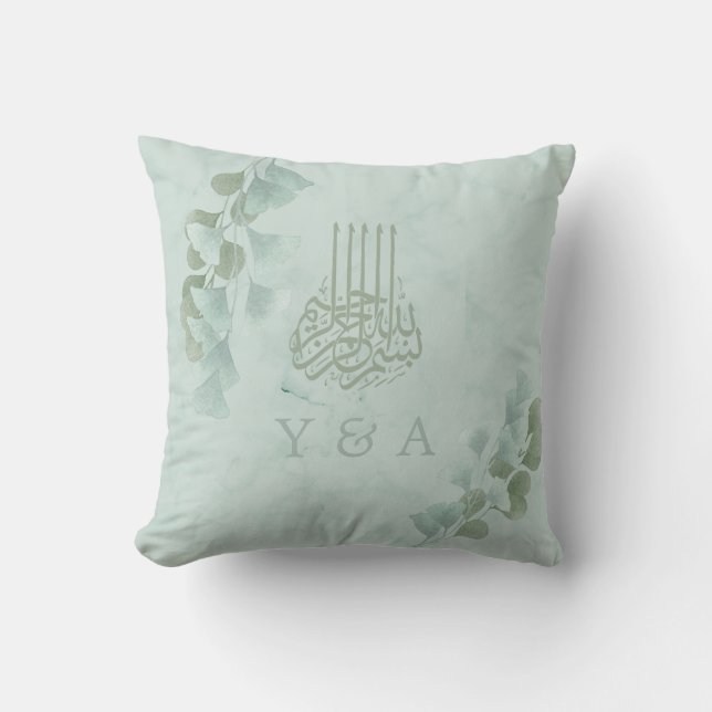  Eucalyptus Chic Modern Islamic Bismillah Wedding Cushion (Front)