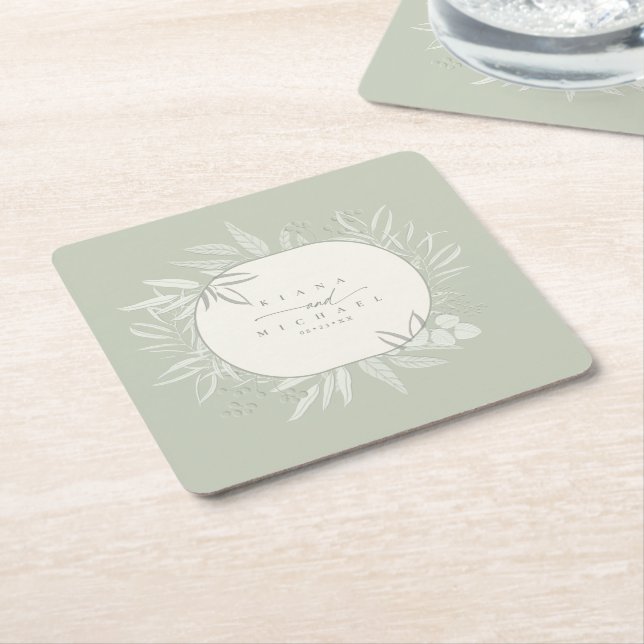 Eucalyptus Colour Tones Wreath Ivory ID901 Square Paper Coaster (Angled)