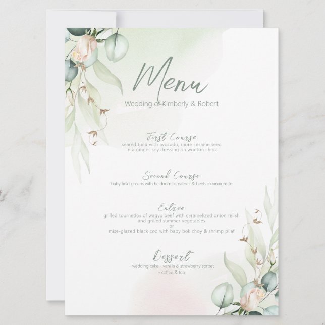 Eucalyptus Cotton Bouquet Wedding Diner Manu Invitation (Front)