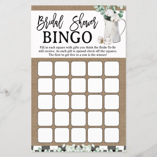 Eucalyptus Cotton Farmhouse Bridal Shower Bingo Flyer (Front)