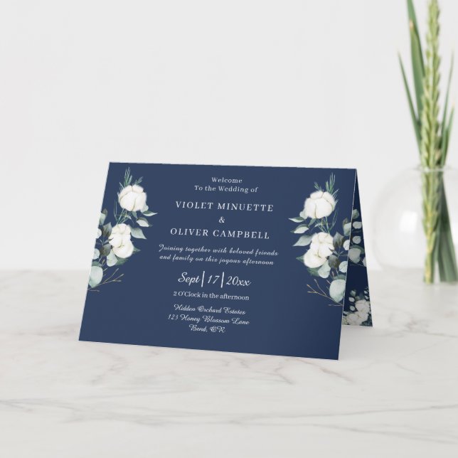 Eucalyptus Cotton | Navy Modern Folded Wedding Program (Front)