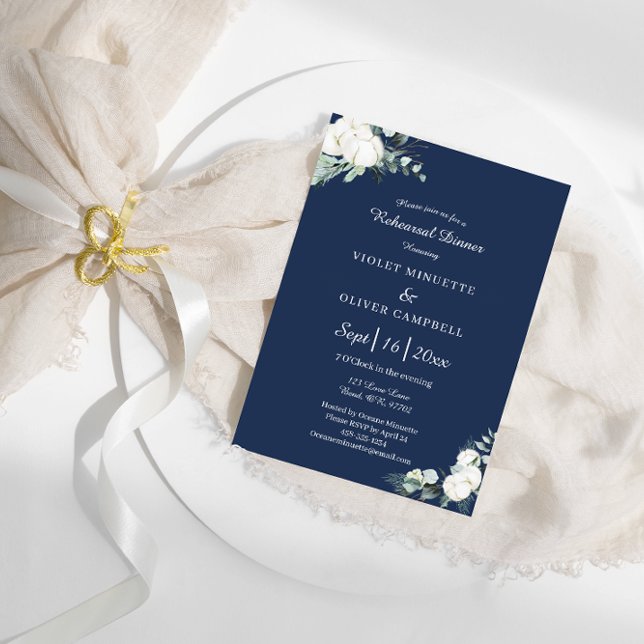 Eucalyptus Cotton Navy Modern v2 Rehearsal Dinner Invitation (Creator Uploaded)