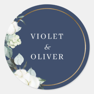 Eucalyptus Cotton   Navy Modern Wedding Classic Round Sticker