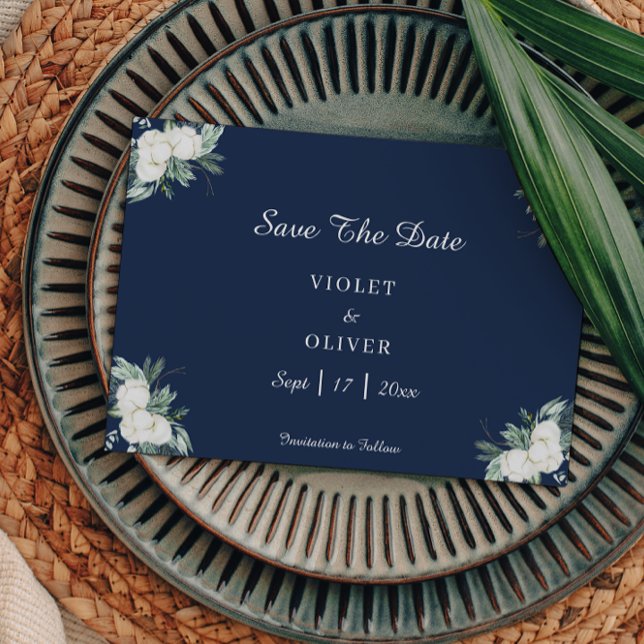 Eucalyptus Cotton | Navy Modern Wedding Save The Date (Creator Uploaded)