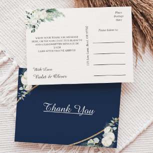  Eucalyptus Cotton   Navy Modern Wedding Thank You Postcard