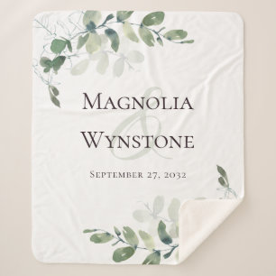 Eucalyptus Couple's Names Date Sherpa Blanket