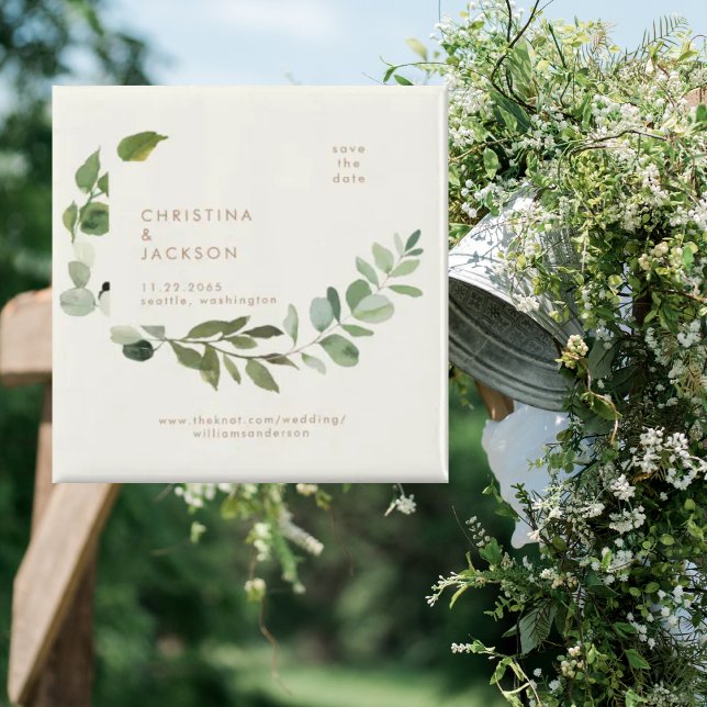 Eucalyptus Cream Wedding Square Save the Date Magnet (Creator Uploaded)