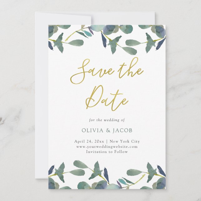 Eucalyptus Crest | Green Leaves and Faux Gold Save The Date (Front)