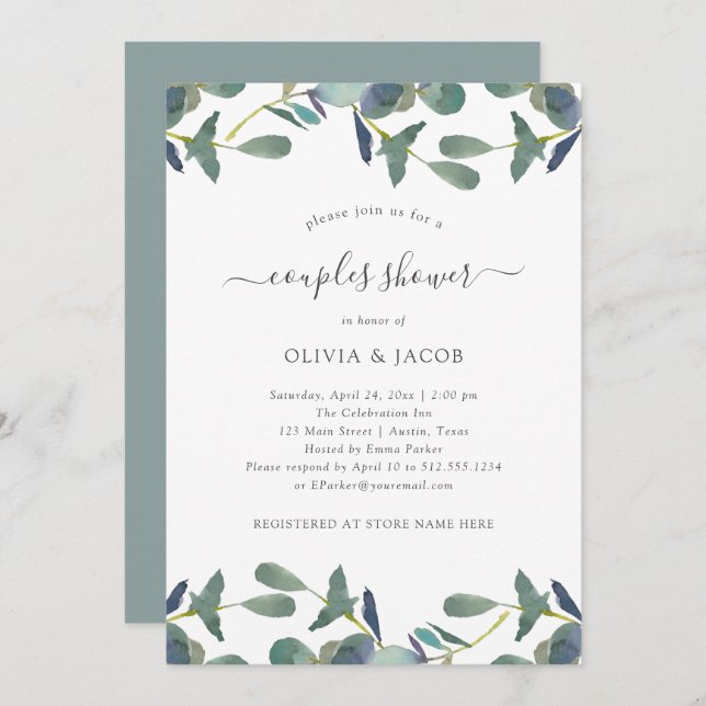 Eucalyptus Crest | Green Leaves Couples Shower Invitation (Front/Back)