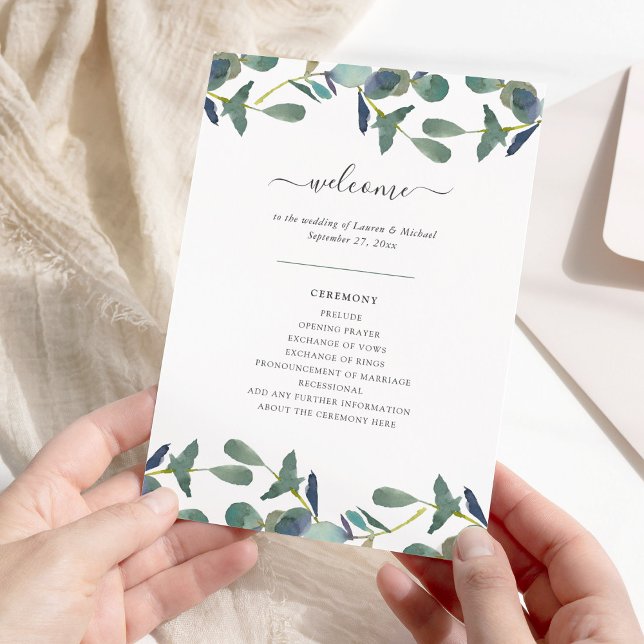 Eucalyptus Crest | Green Leaves Watercolor Wedding Program (An elegant wedding program decorated with watercolor eucalyptus leaves)
