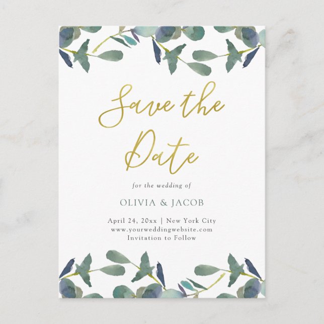 Eucalyptus Crest | Leaves and Gold Save the Date Postcard (Front)