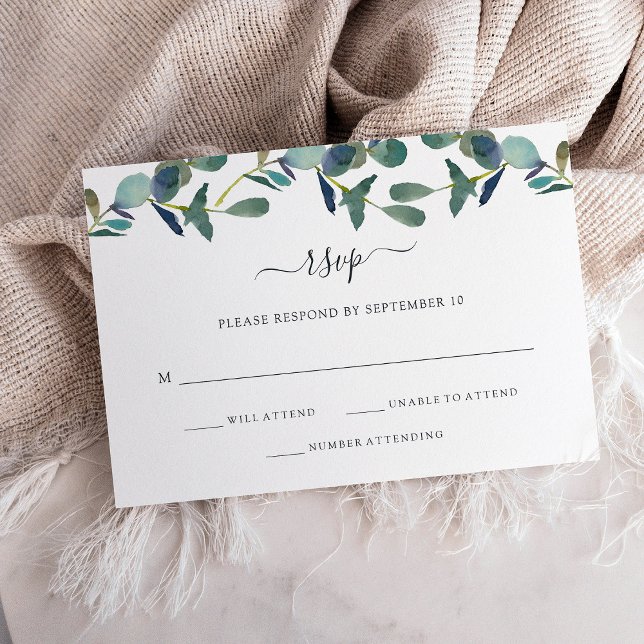 Eucalyptus Crest | Trendy Wedding RSVP Card (An elegant wedding rsvp card decorated with watercolor eucalyptus leaves)