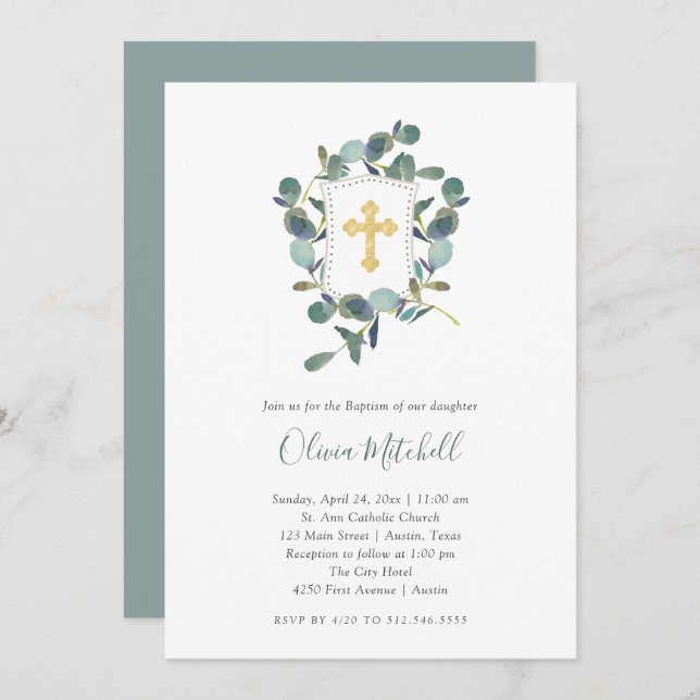 Eucalyptus Crest | Watercolor and Cross Baptism Invitation (Front/Back)