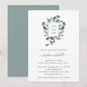 Eucalyptus Crest   Watercolor Baby Sip and See Invitation