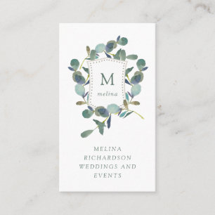Eucalyptus Crest   Watercolor Leaves and Monogram Business Card