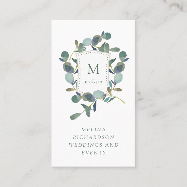 Eucalyptus Crest | Watercolor Leaves and Monogram Business Card (Front)