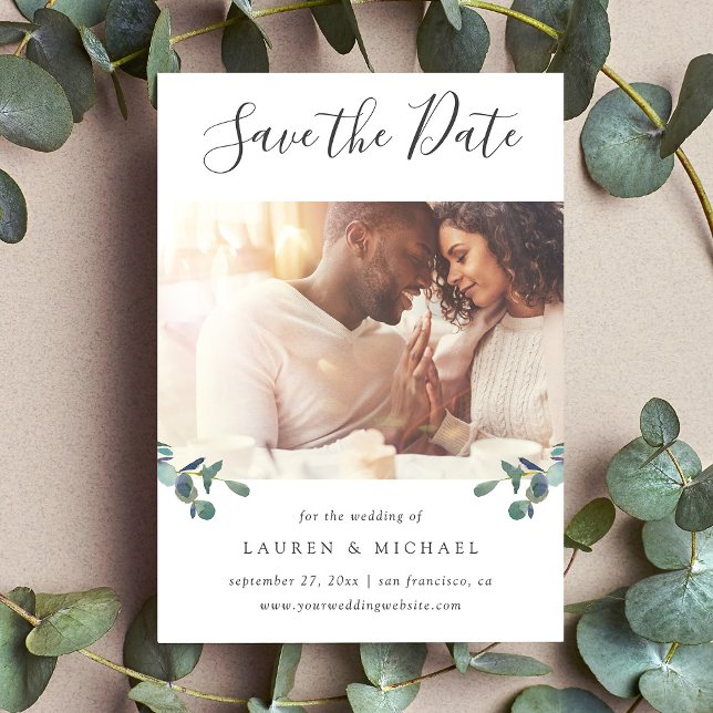 Eucalyptus Crest | Watercolor Photo Save The Date (An elegant photo save the date card with eucalyptus accents)