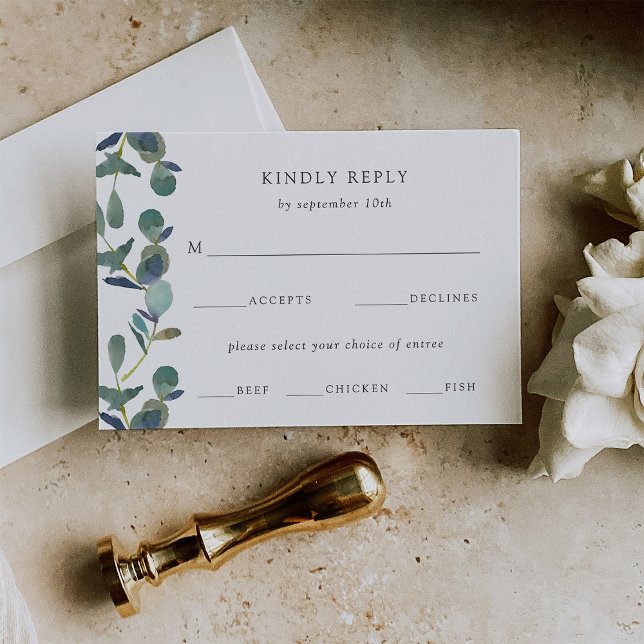 Eucalyptus Crest | Watercolor Wedding Meal Choice RSVP Card (An elegant wedding rsvp card decorated with watercolor eucalyptus leaves)