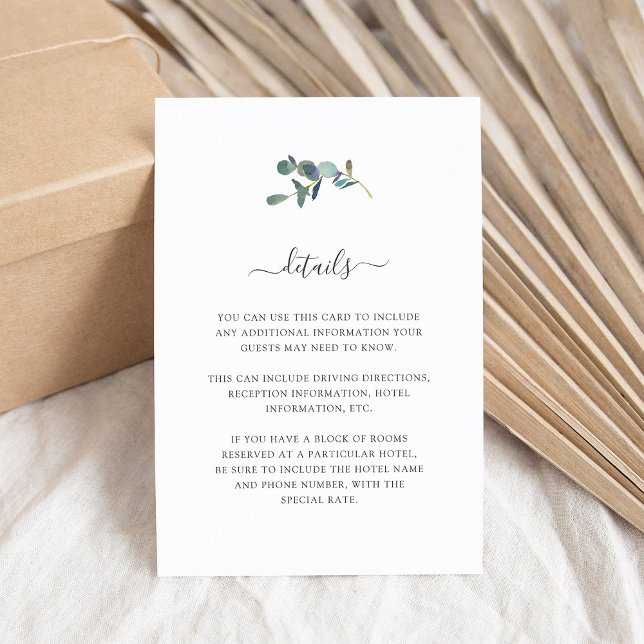 Eucalyptus Crest | Wedding Guest Details Enclosure Card (A simple and elegant wedding detail card with eucalyptus leaves)