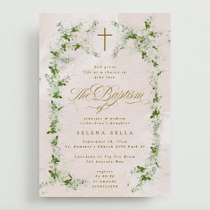 Eucalyptus Cross in Wreath Girl Baptism Invitation