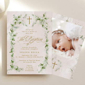 Eucalyptus Cross in Wreath Girl Baptism Photo Invitation