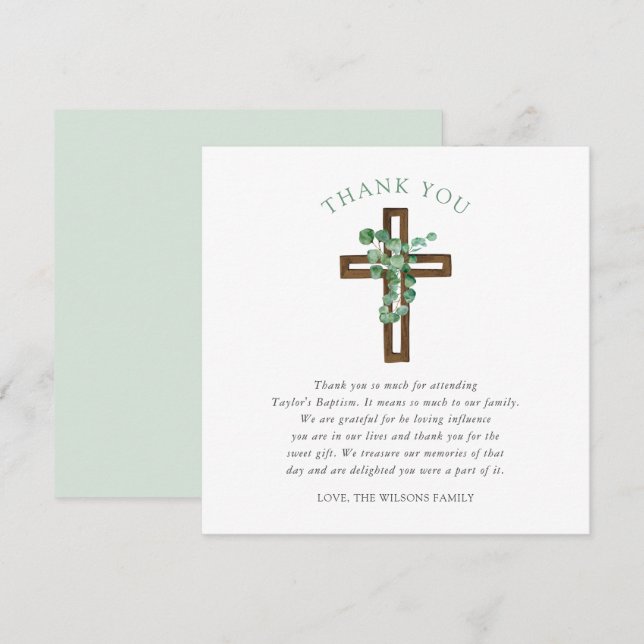 Eucalyptus Cross Modern Baptism Square Thank You (Front/Back)