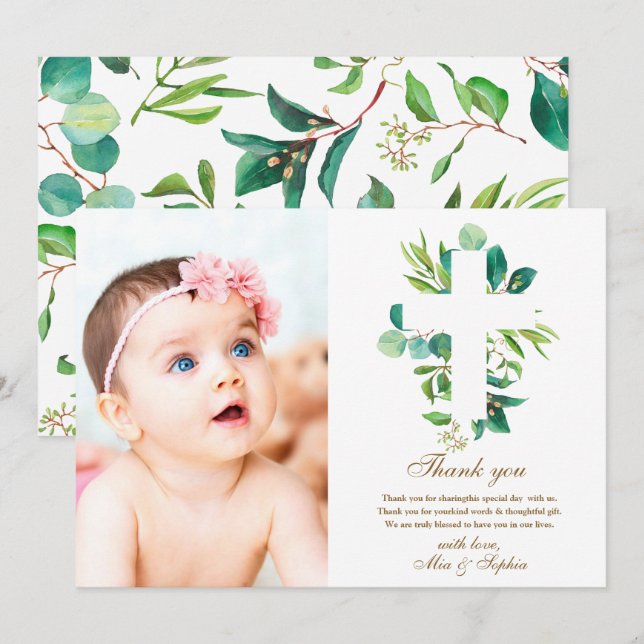 Eucalyptus Cross & Photo Baptism Thank You Card (Front/Back)