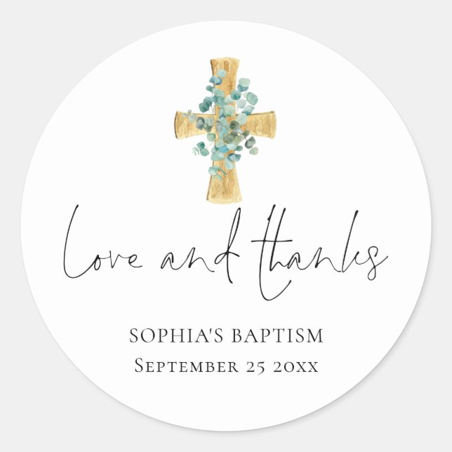 Eucalyptus Cross Script Baptism Christening Thanks Classic Round Sticker (Front)